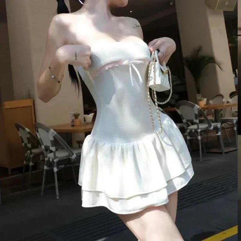 WhereMery Korean Sexy Mini Dress Y2K Sleeveless Bow Lace Playful Summer Tank Dresses Nightclub Party Playful Evening Dresses