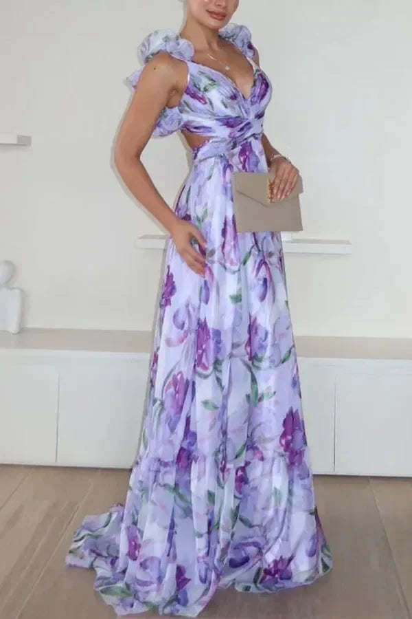 2025 Sexy Printed Chiffon Long Dress Summer Fashion Elegant V Neck Ruffles Edge Slim Vacation Sleeveless Backless Party Dresses