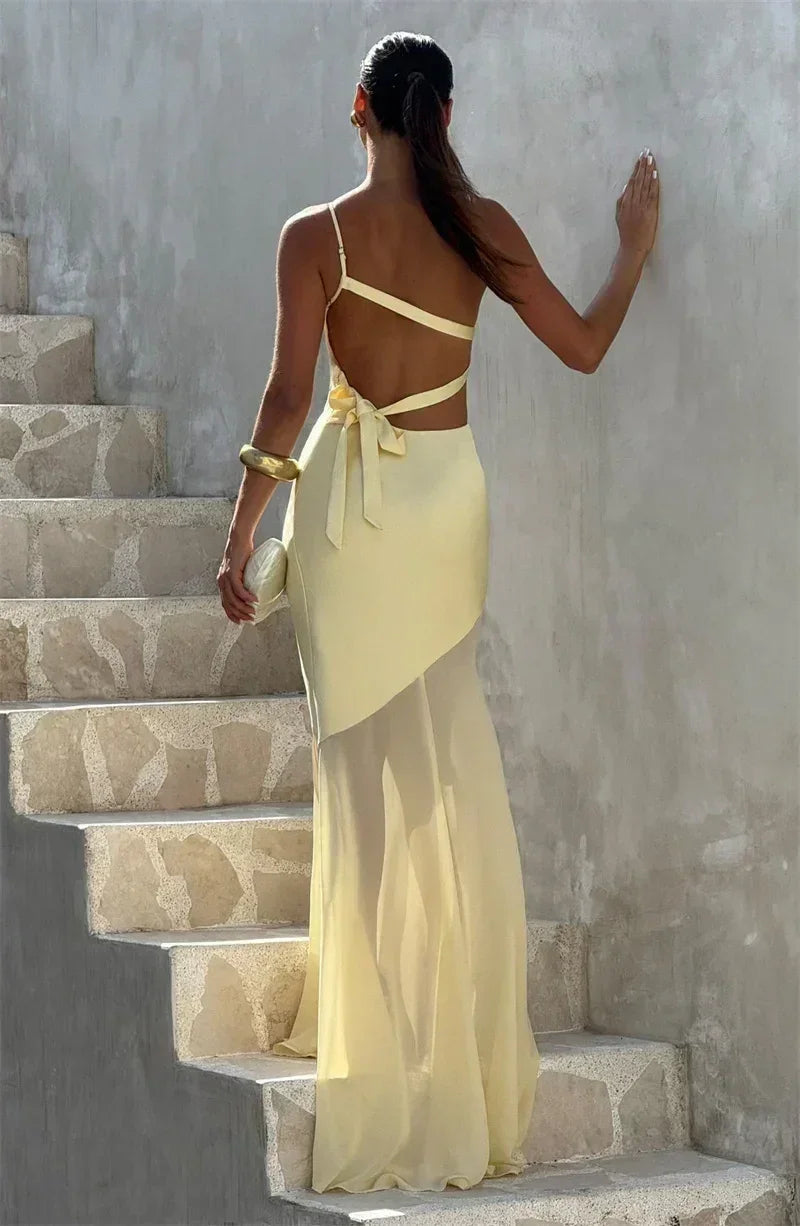 Mozision One Shoulder Backless Sexy Maxi Dress Women Gown Fashion Patchwork Sleeveless Bodycon Club Party Long Dress Elegant