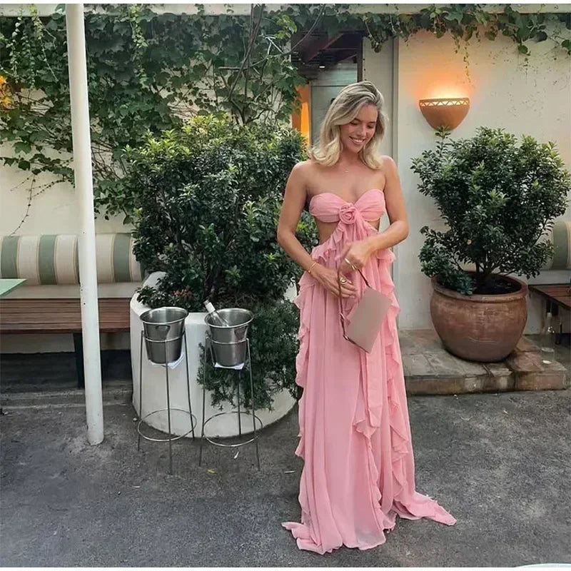 Chic Women Spring Hollow Out 3d Flower Ruffled Hem Long Dress Elegant Off Shoulder Backless Robe 2025 New Lady Street Party Gown