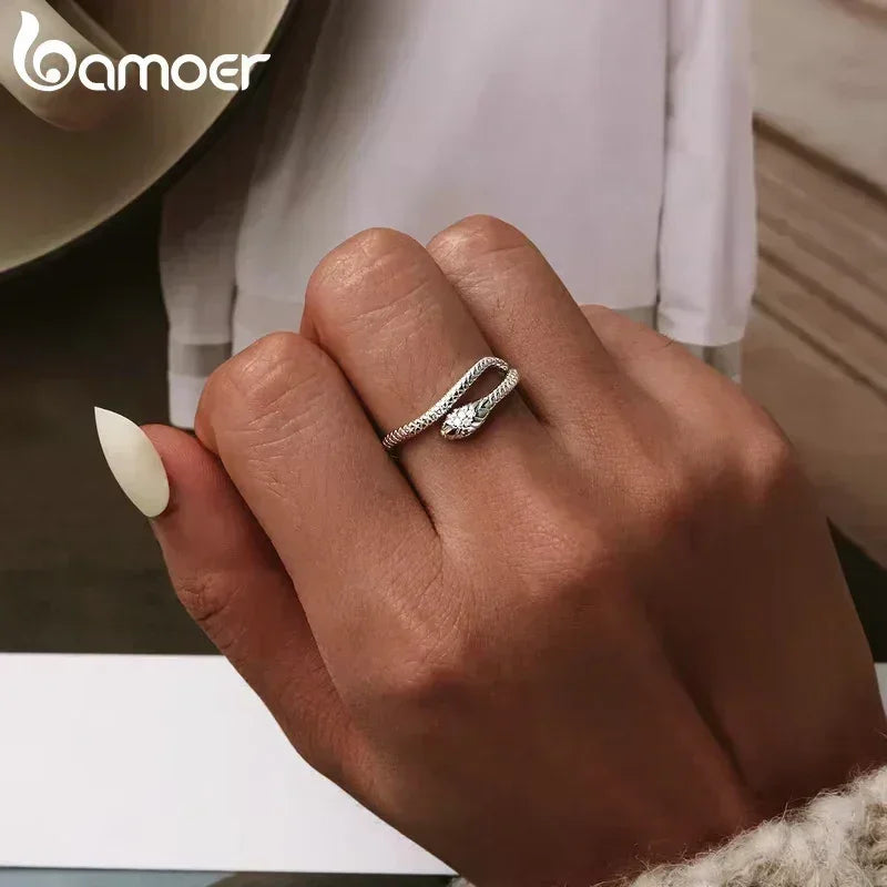 BAMOER 925 Sterling Silver Platinum Plated Adjustable Ring, Green Zircon Retro Textures Snake Ring Fashion Jewelry 4 Colors
