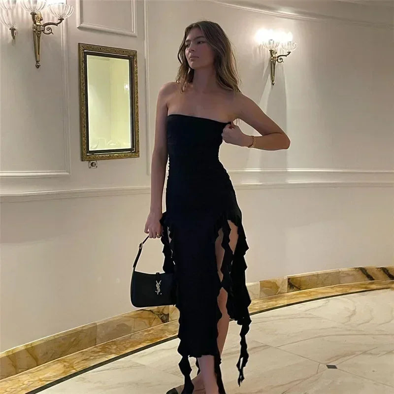 Cryptographic Irregular Ruffle Off Shoulder Sexy Backless Midi Dress for Women Elegant Birthday Vestido Summer Sundresses Ruched