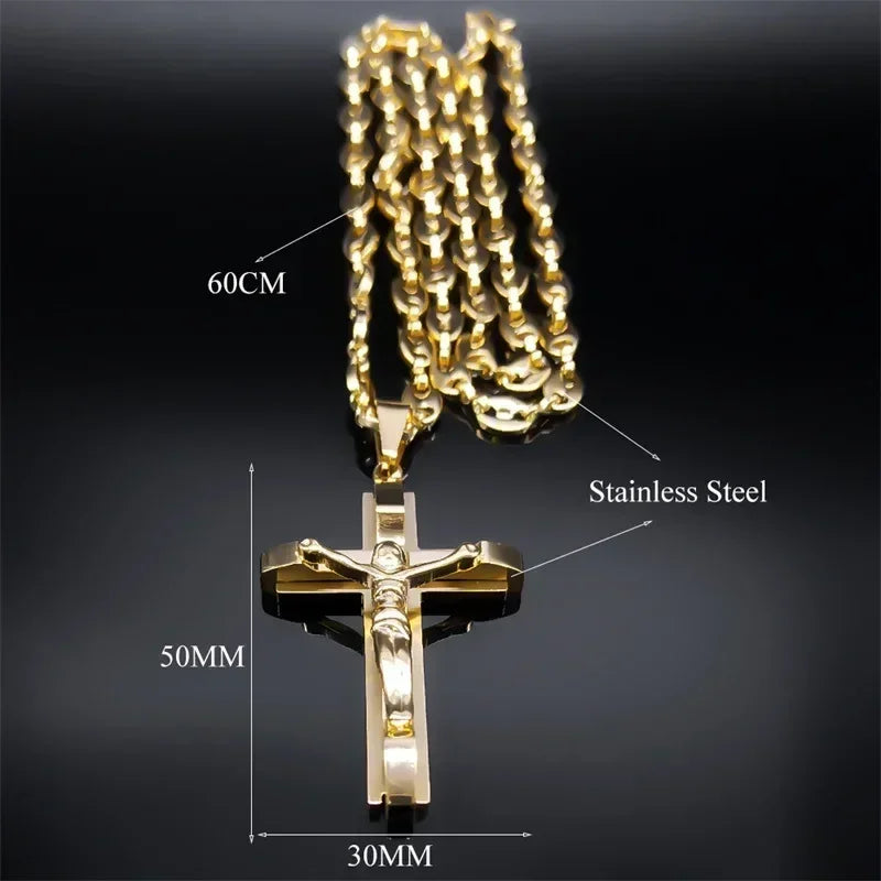 Jesus Cross Crucifix Pendant Necklace for Men Stainless Steel Gold Color Christian Coffee Bean Chain Jewelry croix chrétienne