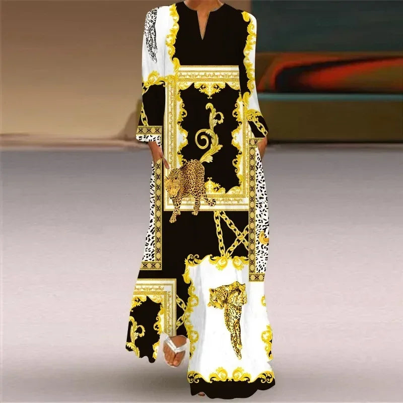 Women's Maxi Dress Printed Retro Fashion y2k vestidos Long Sleeve Loose Robe S-5XL