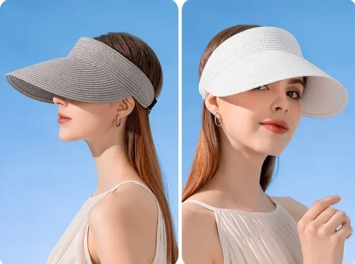 Spring and Summer Women's Outdoor Sunshade  Straw Hat Fashion Empty Top  Duck Tongue Hat Big Brim Cap G37