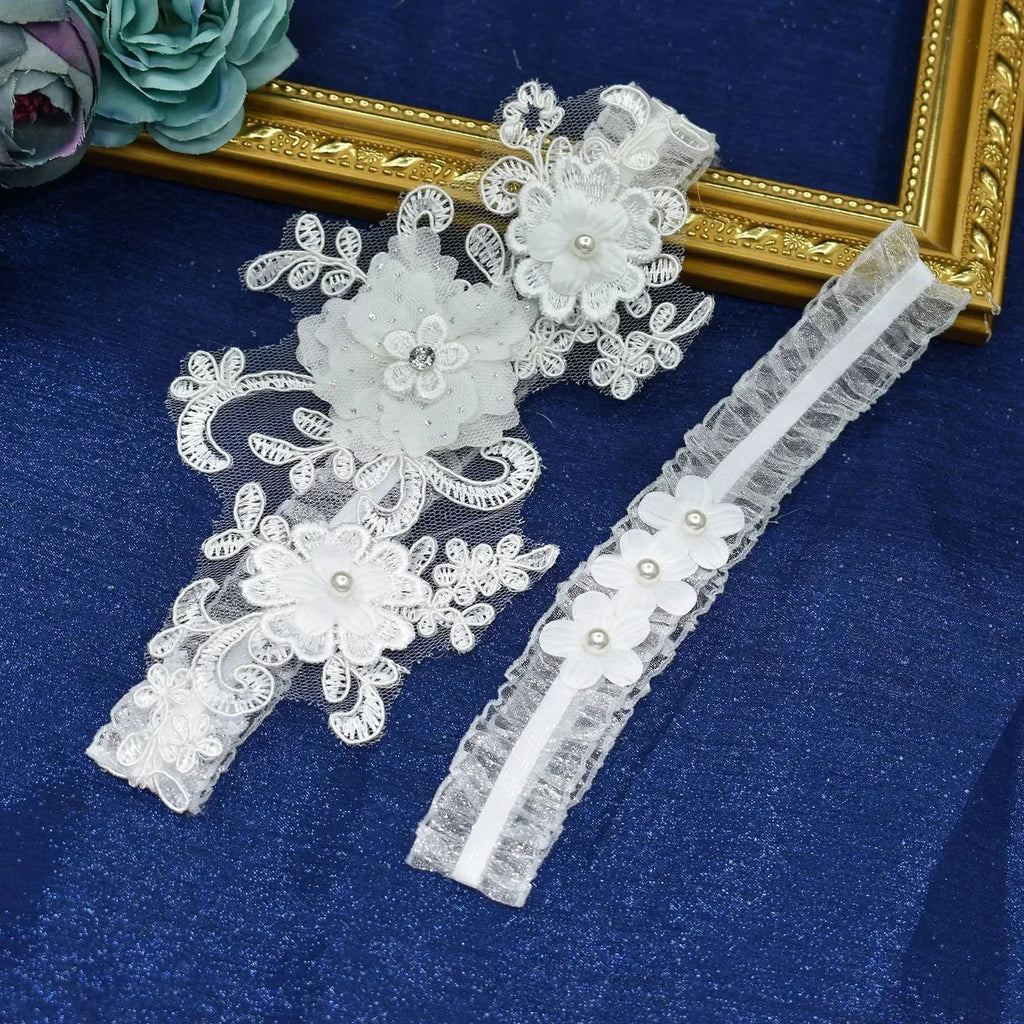 K03 2 PCS Sexy Lace Flower Crystal  Pearls Wedding Garter Belt Thigh Ring Bridal Leg Garter Stocking Garter Belt Girl Women