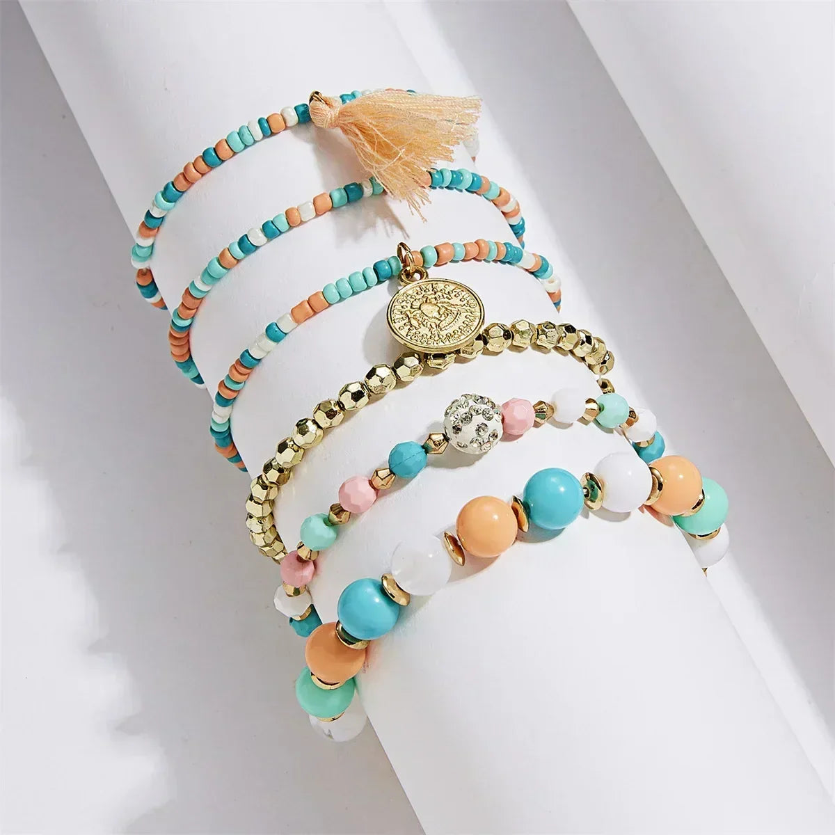 Bohemia Crystal Tassel Multicolor Beads Bracelets For Women Handmade Elastic Rope Charm Wrap Bracelet Summer Beach Party Jewelry