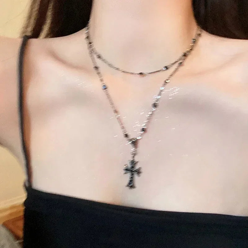 Summer Black Rhinestone Cross Jesus Pendant Choker Necklace for Women Punk Vintage Double Layers Chain 2024 Neck Boho Jewelry