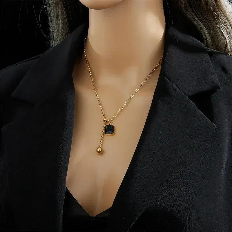 DIEYURO 316L Stainless Steel Zircon Necklace For Women Designer Gold Color Square Bead Pendant Necklaces Girls Body Jewelry Gift
