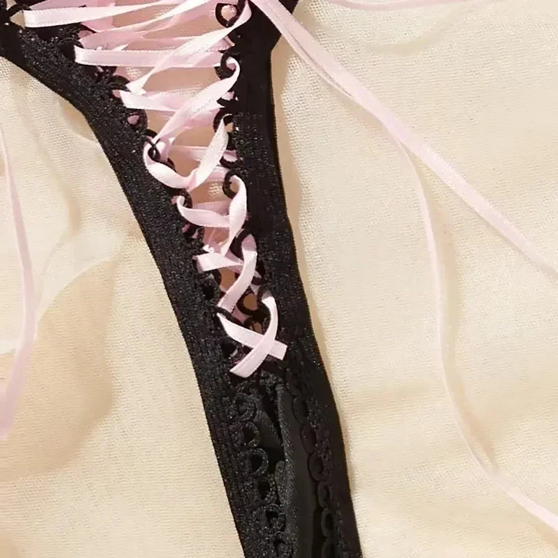 Ladies Super Sexy Lace Up Thongs Lingerie Black Strap Crochet Trim Pink Bandage Lace Up Panties Sexy Exposed Erotic G-Strings
