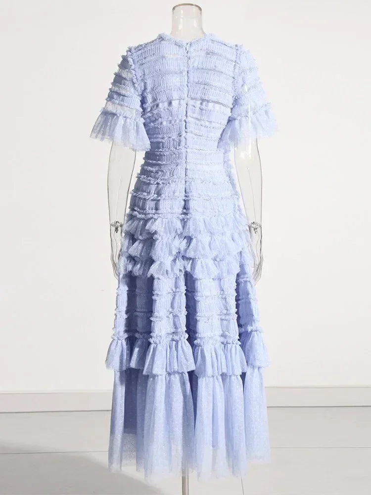 Patchwork Edible Tree Fungus Elegant Dresses For Women Round Neck Short Sleeve High Waist Temperament Dress Female Fashion