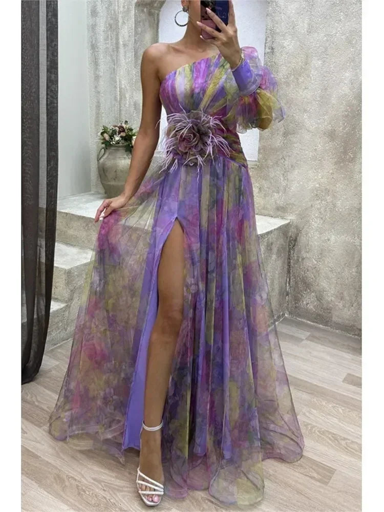 Elegant Oblique Shoulder Single-sleeve  Zipper High Slit Mesh Long Dress For Women Fashion Flower Decoration Party Dress Female