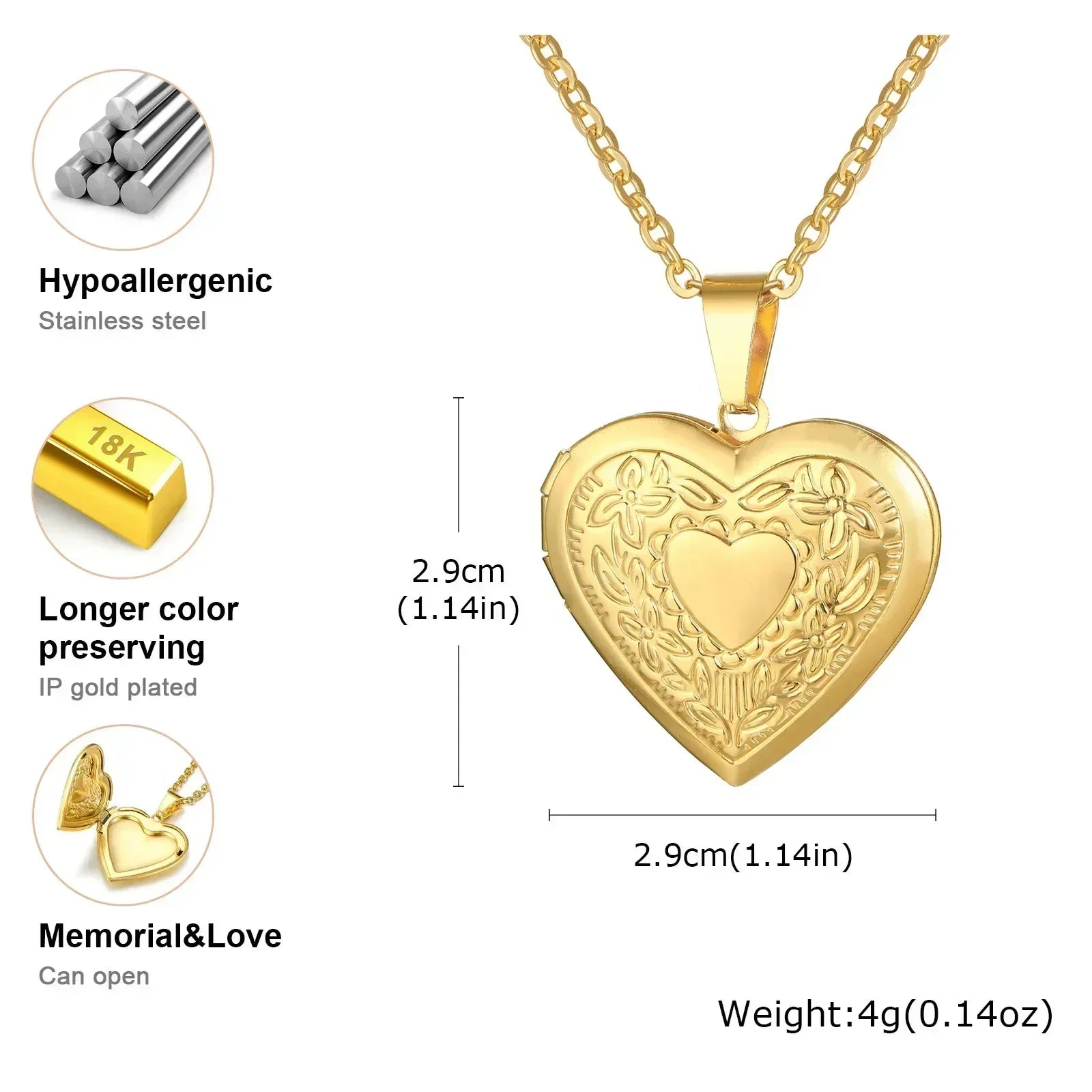 Vnox Stainless Steel Heart Locket Necklace Pendant with Photo Frame, Elegant Gold Plated Design Womens Gift