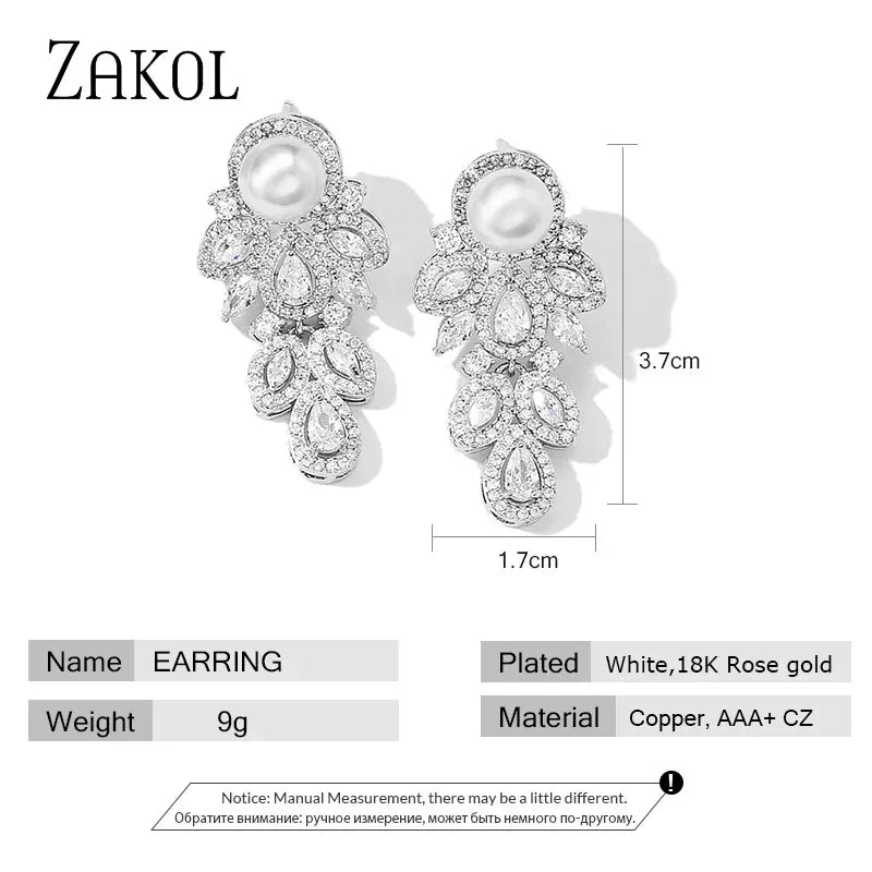 ZAKOL New Fashion CZ Zirconia Crystal Leaf Dangel Earrings for Women Luxury Bridal Wedding Party Jewelry