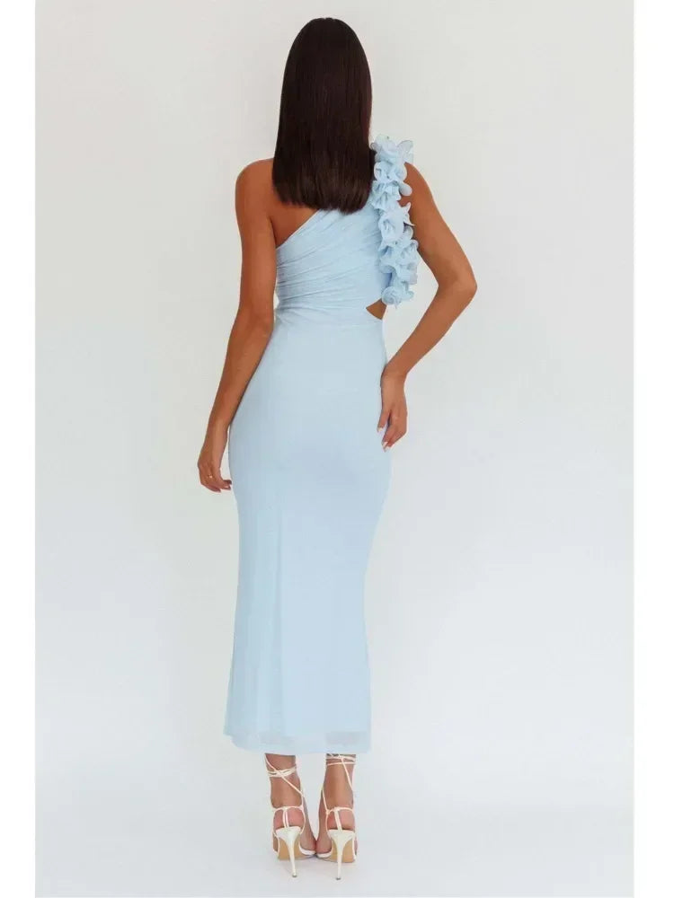Articat Elegant Slant Shoulder Flower Bodycon Party Club Evening Dress Women Sexy Backless Slim Spring/Summer New  2025 Vestido