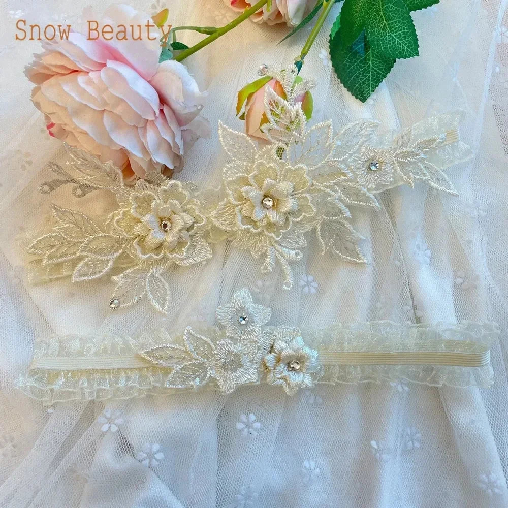 K03 2 PCS Sexy Lace Flower Crystal  Pearls Wedding Garter Belt Thigh Ring Bridal Leg Garter Stocking Garter Belt Girl Women