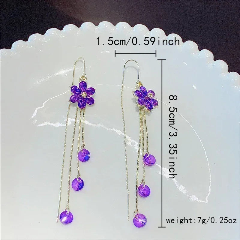 Green Shiny Zircon Flower Drop Earrings For Women Luxury Crystal Long Tassel Ear Line Hanging Earring Girls Wedding Jewelry Gift