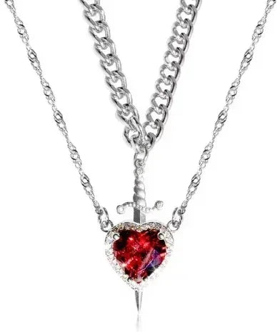 Heart and Sword Necklace Set of 2 - 18K Gold Plated STAINLESS STEEL Crystal Couple Necklaces for Women Men Boyfriend Girlfriend