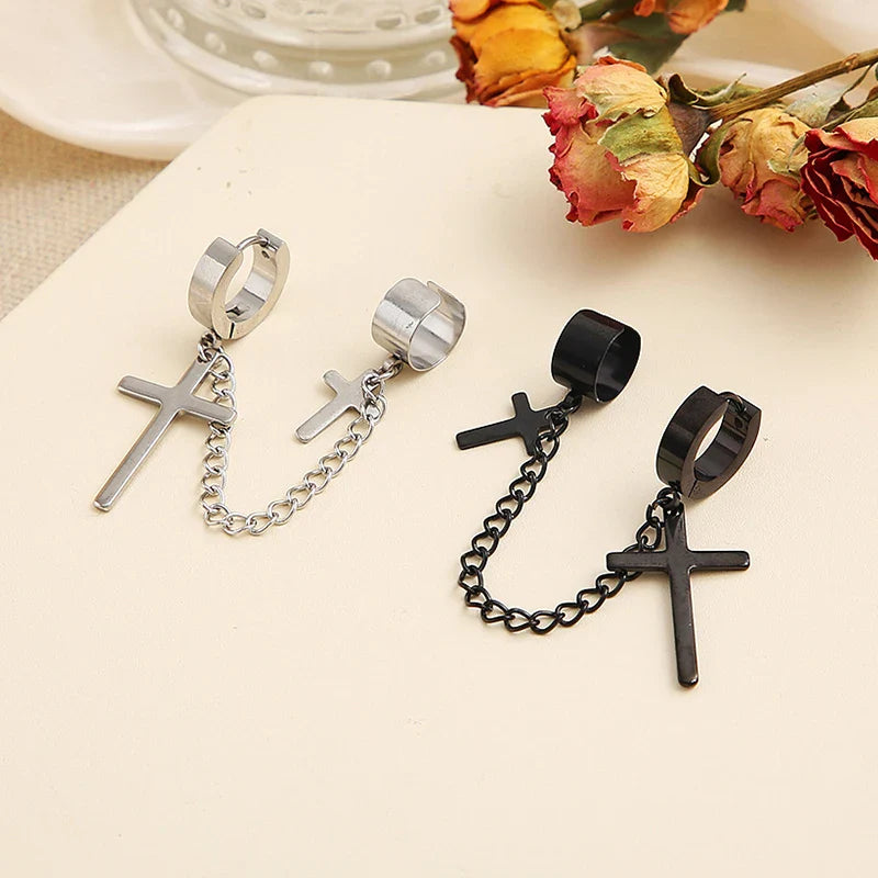 Punk Cross Pendant Clip Earring | Unisex Metal Chain Tassel Ear Cuff