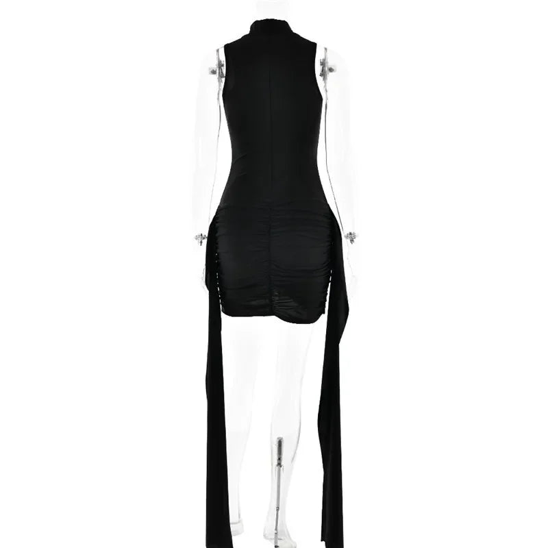 Turtleneck Sleeveless Mini Dress | Ruched Asymmetrical Party Dress - Femstylo