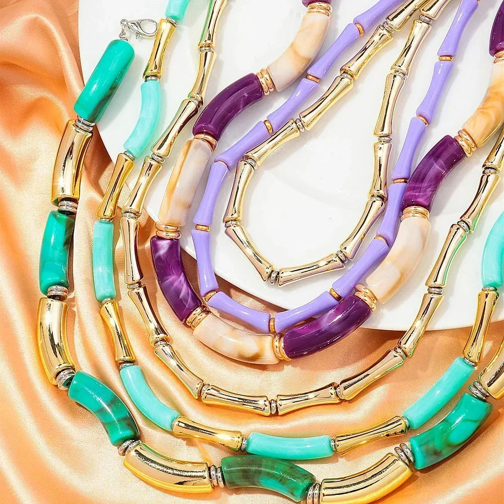 3 pieces/set Bohemian Acrylic Bamboo Beads Choker Necklace Set for Women Chunky Tube Necklaces 2024 Accessories Jewelry