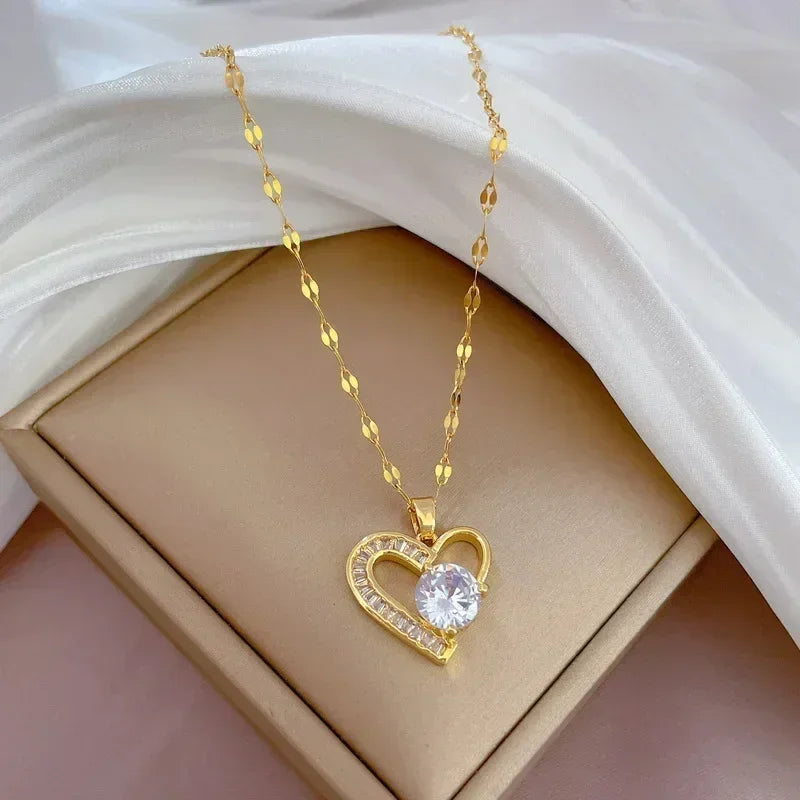 Trendy Heart Stainless Steel Zirconia Necklaces For Women Girls Love Gold Color Metal Necklace Party Birthday Daily Jewelry