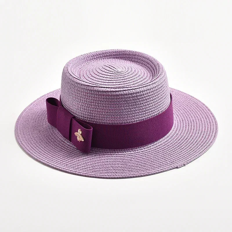 NEW Spring Summer Straw Hats for Women Round Bumpy Surface Flat Top Bowknot Dress Cap Travel Beach Sun Hat Gorra