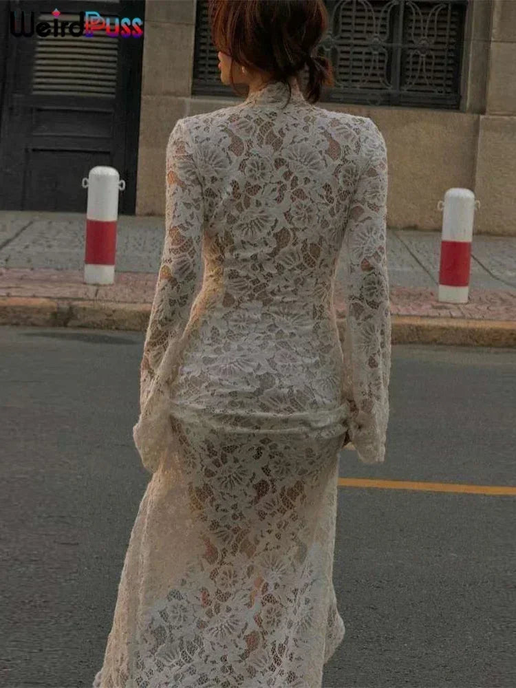 Weird Puss Embroidery Ruffles Dress Women Sexy Deep V-Neck Slits See Through Solid Tassel Petal Cuffs Street Elegance Vestidos