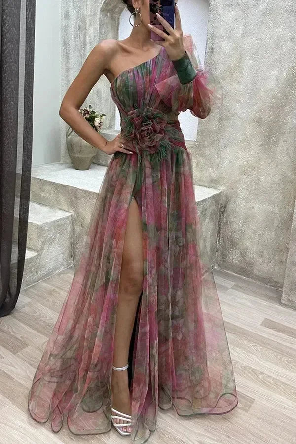 Elegant Oblique Shoulder Single-sleeve  Zipper High Slit Mesh Long Dress For Women Fashion Flower Decoration Party Dress Female