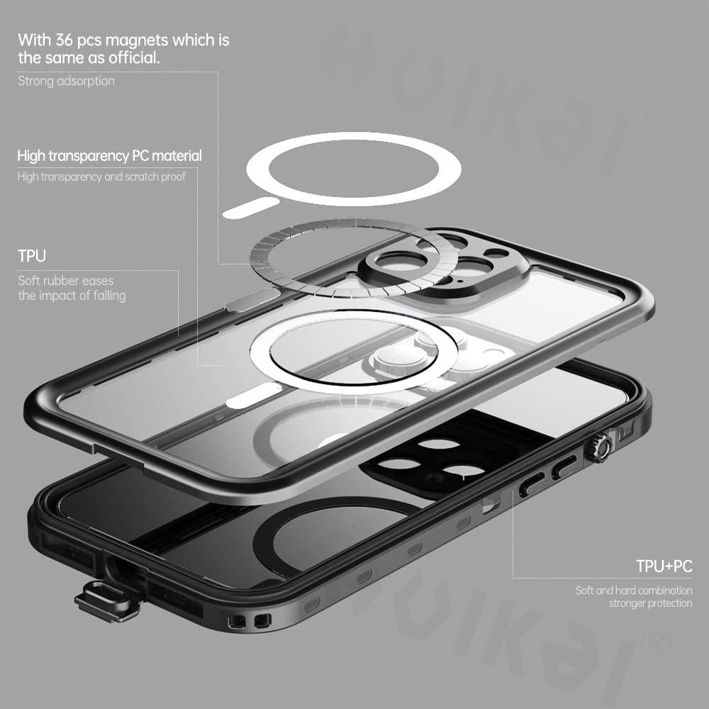 Waterproof Case For iPhone 14 Pro Max 14 Pro iPhone 13 Pro Max Protector Full Body Protective Dustproof Magnetic Phone Case Waterproof 360 Degree All-Round Protection with Built-in Screen Protector Outdoor Transparent  Shockproof Case