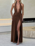 2025 Summer New Product Mature and Elegant Neck Hanging Deep V Chest Exposed Folded Waist High Split Design Backless Dress