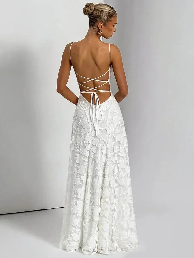 Mozision Spaghetti Strap Backless Sexy Maxi Dress Women Gown Fashion Off-shoulder Sleeveless Lace-up Evening Club Party Dress