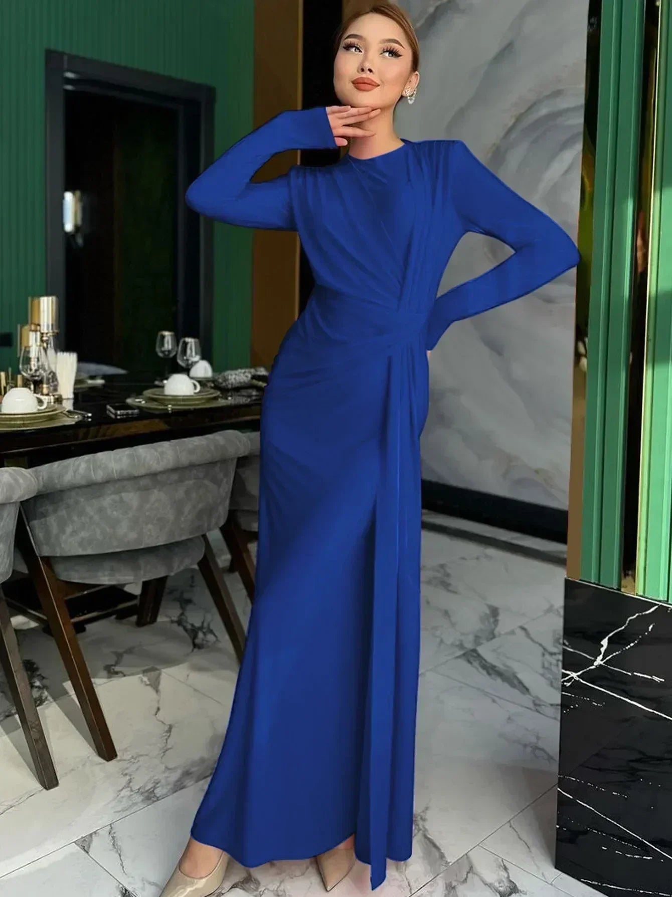 Dulzura Long Sleeves Shoulder Pad Ruched Maxi Dress Solid Elegant Prom Evening Party Long Dress Women’S Autumn Winter Outfit