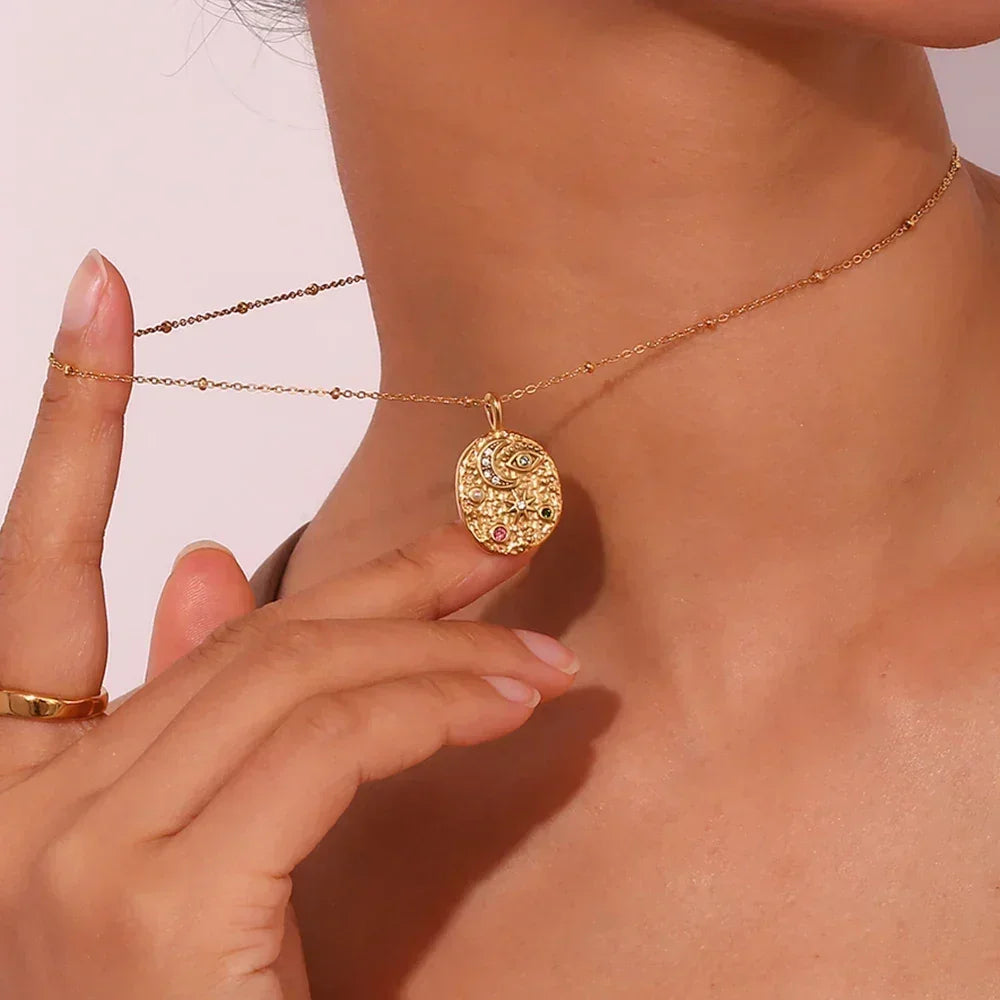La. Muses Colored Cubic Zirconia Star Moon Texture Pendant Stainless Steel Retro Luxury Necklace Waterproof Jewelry Gift