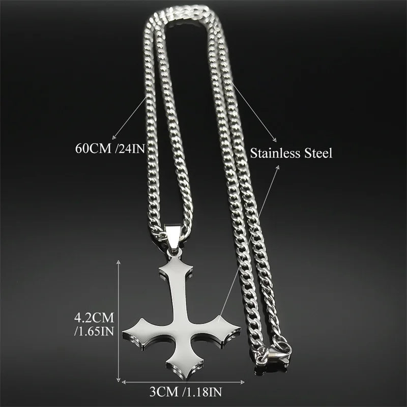 Goth Upside Down Cross Stainless Steel Pendant Necklace | Inverted Crucifix Gothic Jewelry for Men