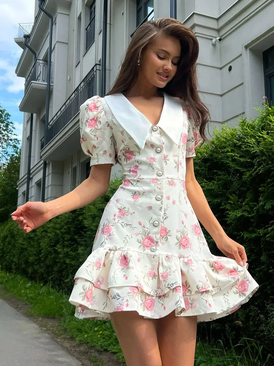 Puff Sleeve V-Neck Mini Dress | Printed Ruffled Pearl Button Dress - Femstylo