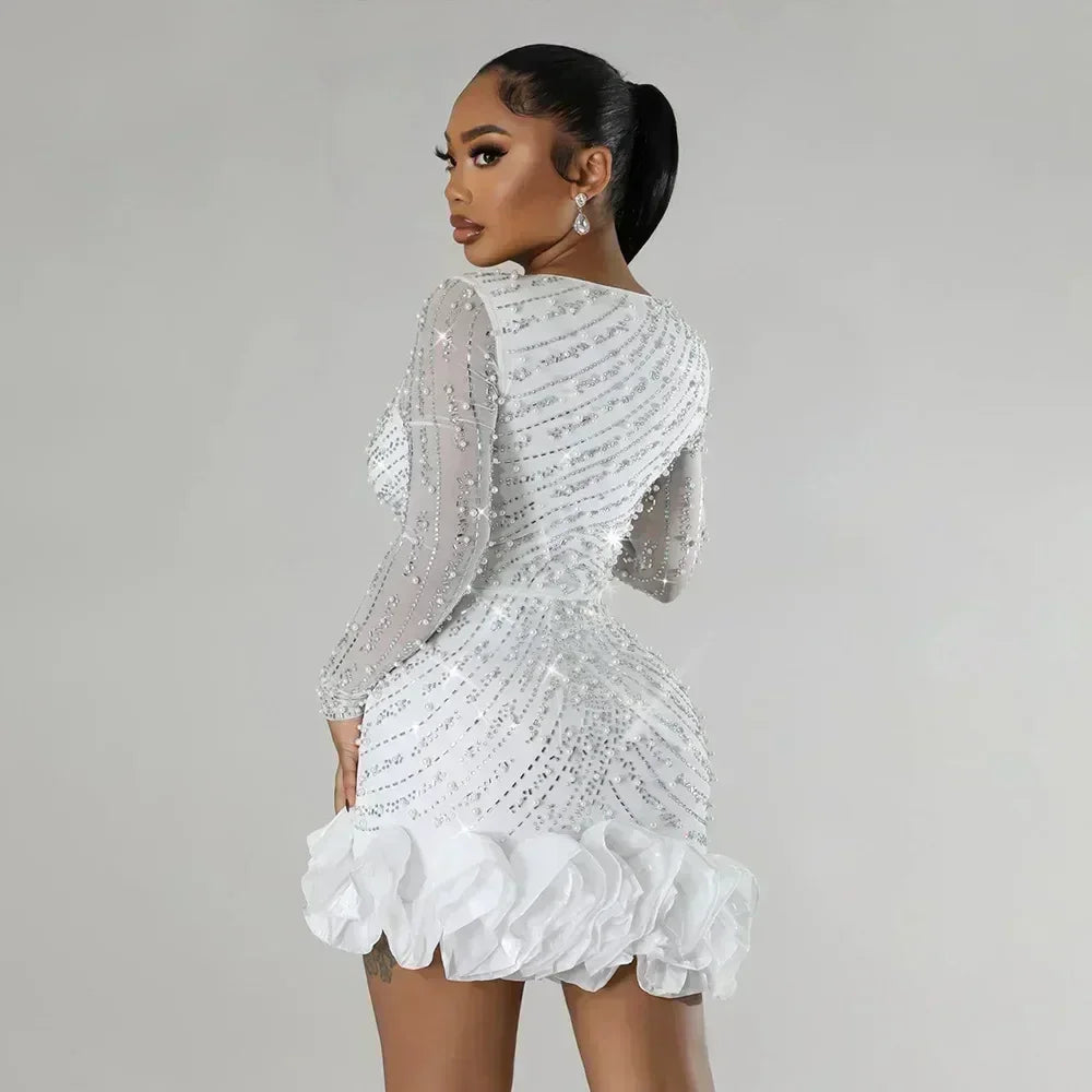 2025 Party Dresses Beading Diamond Long Sleeves Ruffles for women Shiny Elegant Wedding Guest Gown Occasion Celebrate Birthday