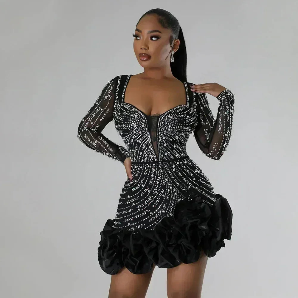 2025 Party Dresses Beading Diamond Long Sleeves Ruffles for women Shiny Elegant Wedding Guest Gown Occasion Celebrate Birthday