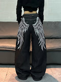 American Retro Angel Wings Print Black Women's Loose Wide-Leg Jeans Y2K Street Hip-Hop Trend Versatile Straight Trousers