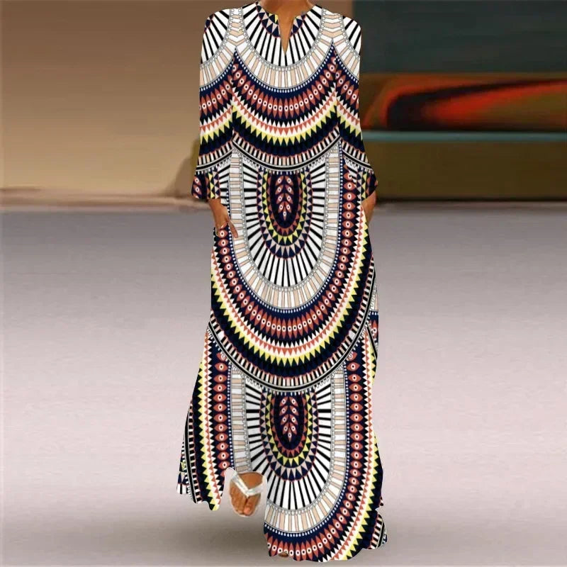 Women's Maxi Dress Printed Retro Fashion y2k vestidos Long Sleeve Loose Robe S-5XL