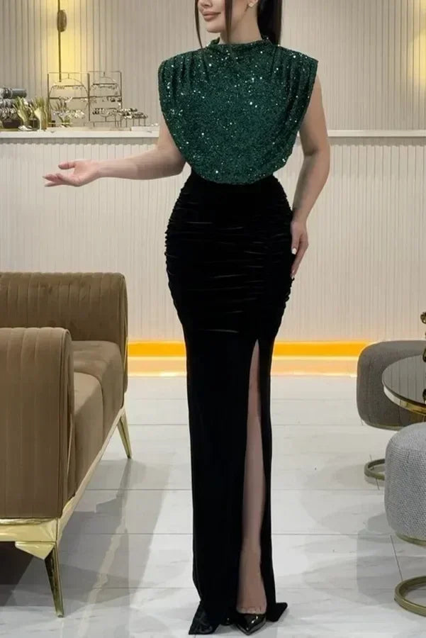 Lady Fashion Sleeveless Draped Split Dress Casual O Neck Sequin Splicing Party Dress 2025 New Year Elegant High Waist Long Dress