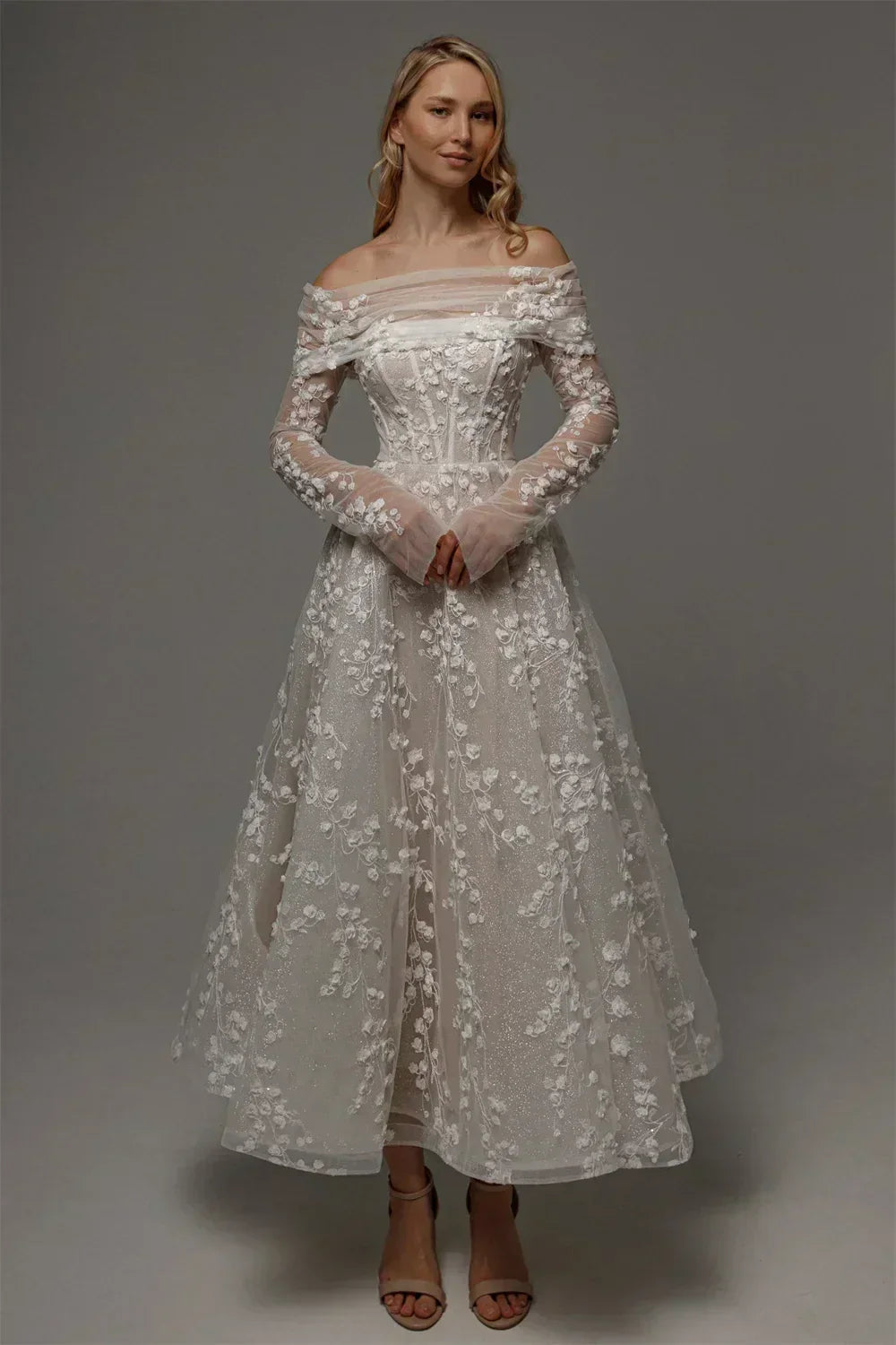 Kyoto Customized Lace Flowers Detachable Long Sleeves Wedding Dress Ankle-Length Glitter vestidos de novia A-Line Formal Gown