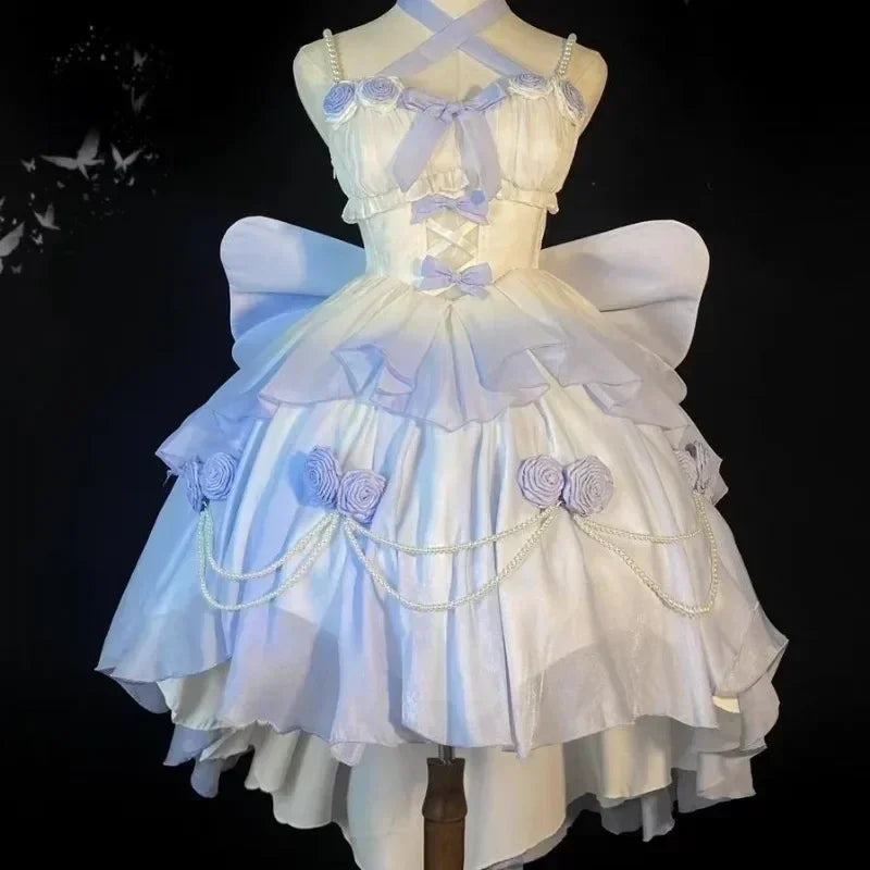 2025 Vestidos De Mujer Sweet Dresses for Women Lolita Style Fashion Japanese Robe Femme Beading Hollow Out 3D Floral Cute Dress