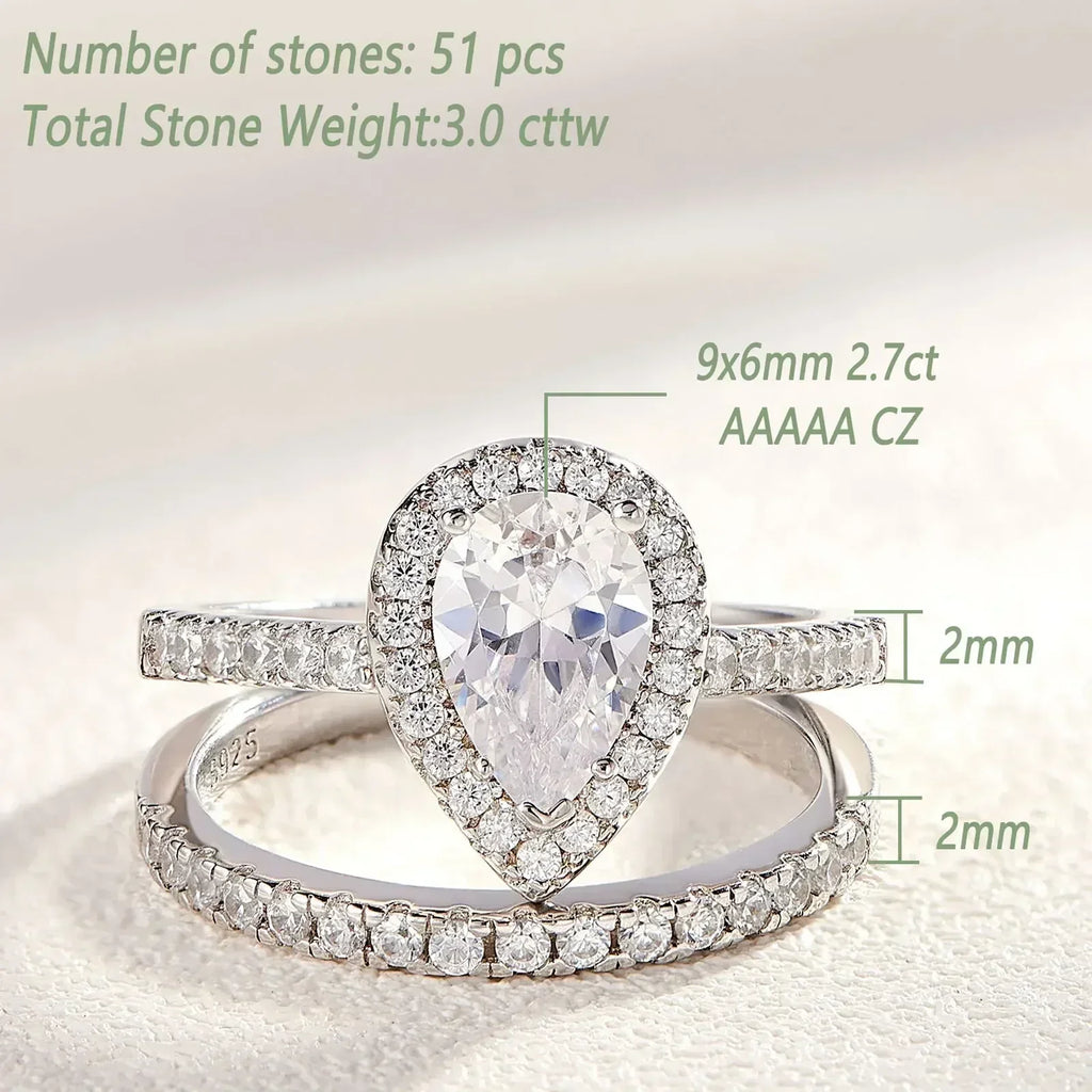 Newshe 2 Pieces Tear Drop Shape Engagement Ring Wedding Band for Women 925 Silver Bridal Jewelry High Grade Cubic Zircons