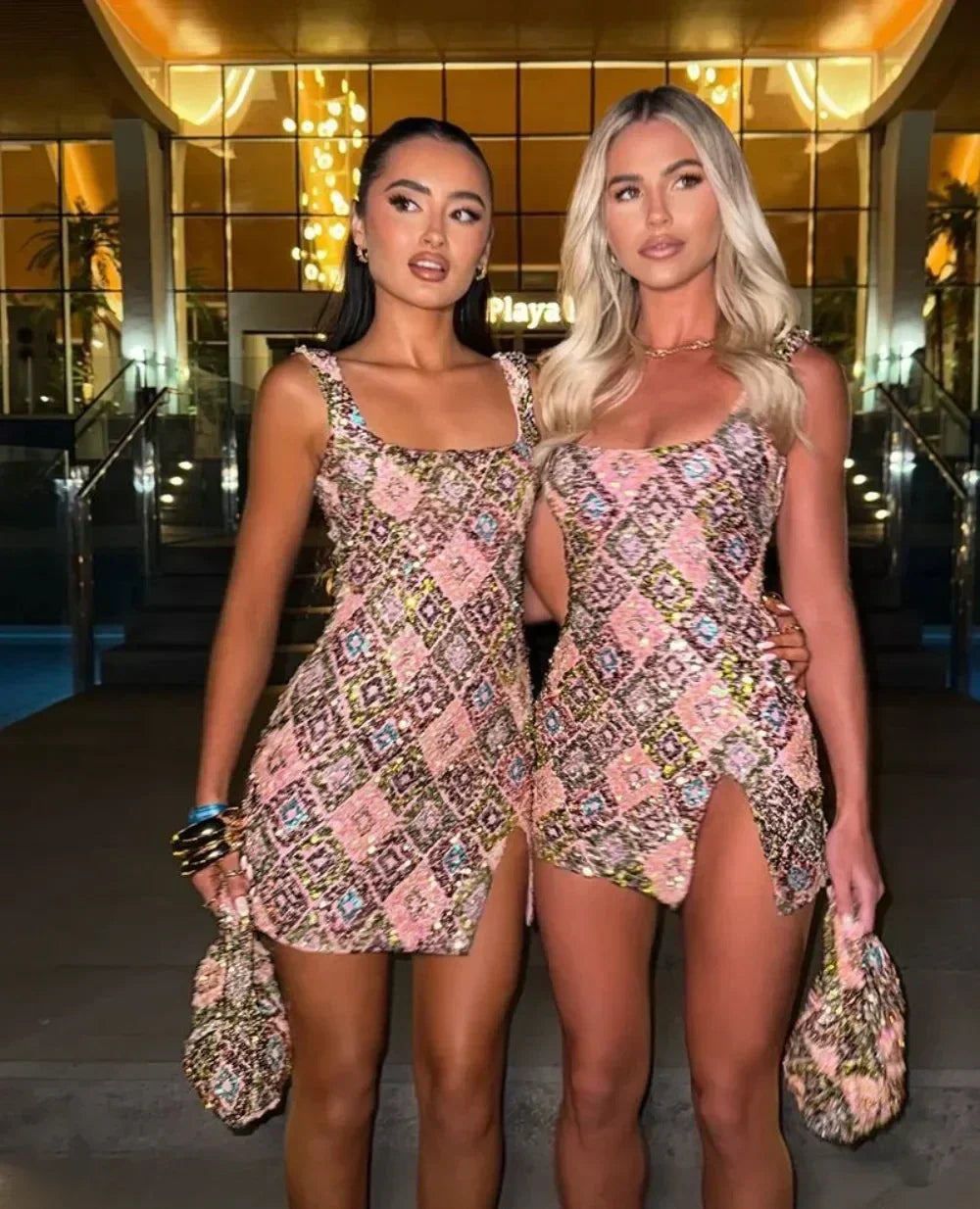 Colorful Rhombus Sequins Sexy Mini Dress Elegant Chic Straps Slit Bodycon Party Dresses Summer Holidays Evening Women Dress 2025