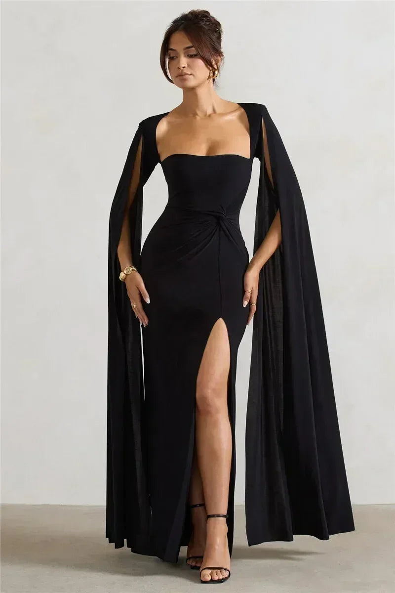 Mozision Long Cape Sleeve Split Maxi Dress For Women Gown Fashion Solid Square Collar Evening Sexy Long Dress Elegant New