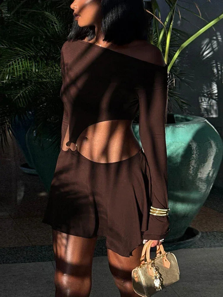 Whatiwear Hollow Waistless Dress Women Skew Collar Off Shoulder Full Sleeve Rings Patchwork Ruched Elegant Fashion Mini Bodycon