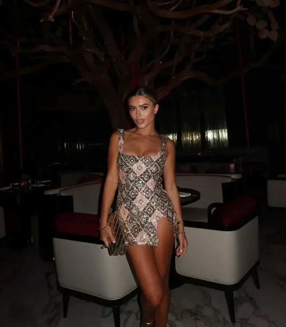 Colorful Rhombus Sequins Sexy Mini Dress Elegant Chic Straps Slit Bodycon Party Dresses Summer Holidays Evening Women Dress 2025