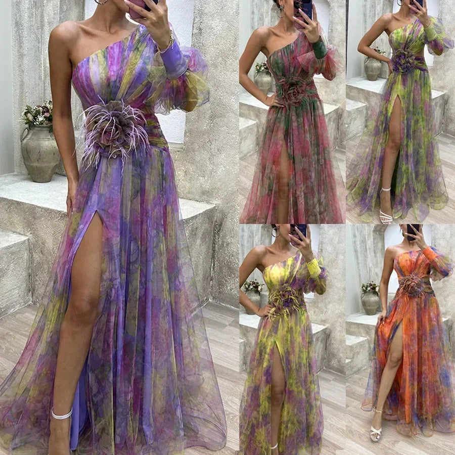 Elegant Oblique Shoulder Single-sleeve  Zipper High Slit Mesh Long Dress For Women Fashion Flower Decoration Party Dress Female