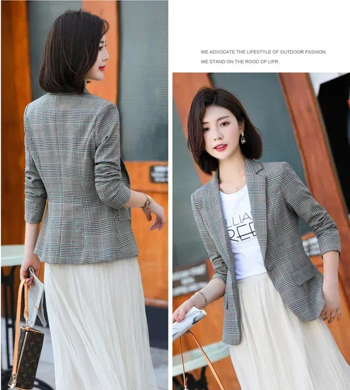 Gray Striped Plaid Blazer Jacket Women's Fashion Slim Coats V-Neck Single Button Ladies Blazers S-XXXXXL